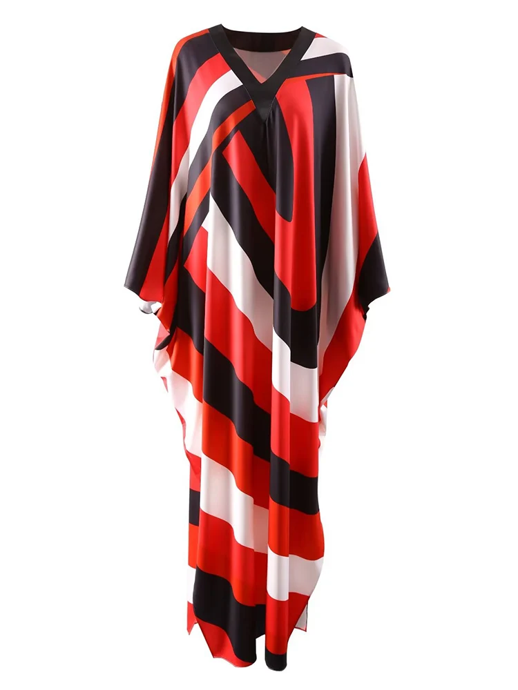 Fashionable Women Loose Robe Dress  Pullover V Neck Batwing Sleeve Striped Printing Casual Vestidos Long Elegant Party Holiday