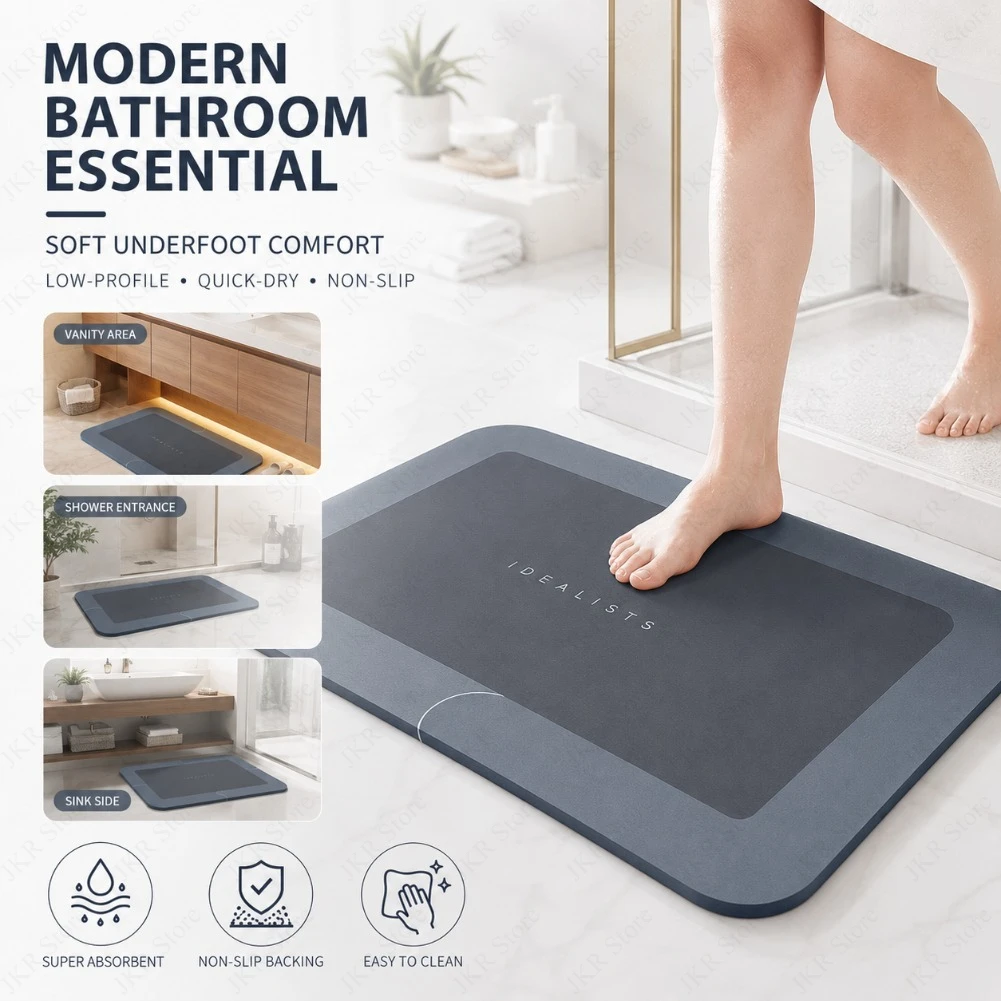 Fast Drying Diatomaceous Earth Bath Mat Non Slip Soft Absorbent Floor Pad for Shower Laundry Bedroom Kitchen RV Bathroom Rug Pad - view 2