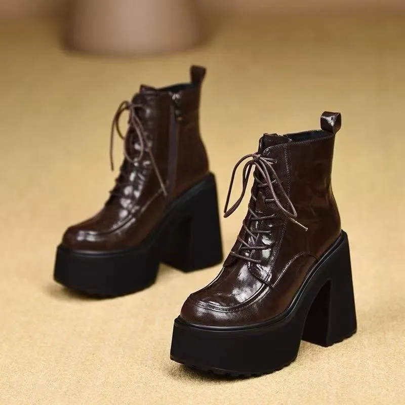 Platform Comfortable Soft Leather Booties New Round Toe Lace-Up Front Super High Heel All-match Women's Shoes