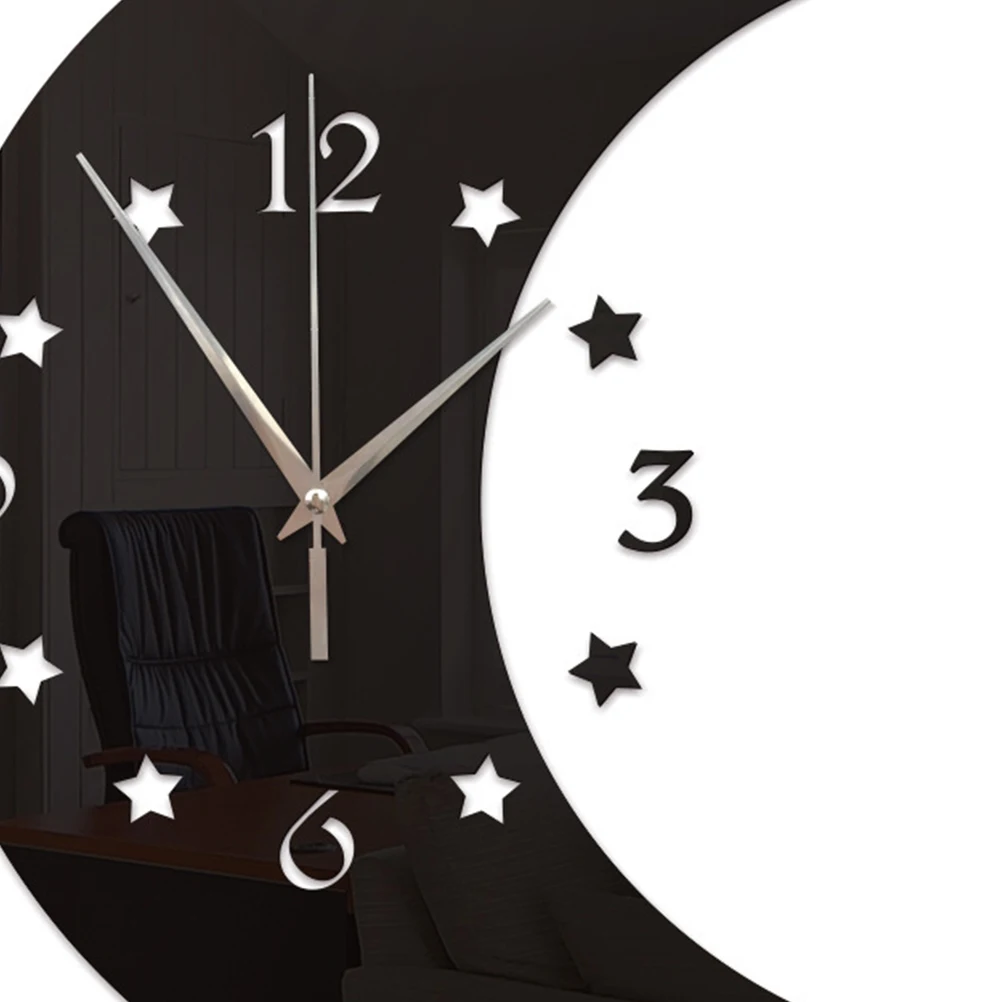 

1Pcs Mirror Surface Wall Clock Black Creative Moon Star Design Silent Decorative Hanging Clock Home Living Room Bedroom