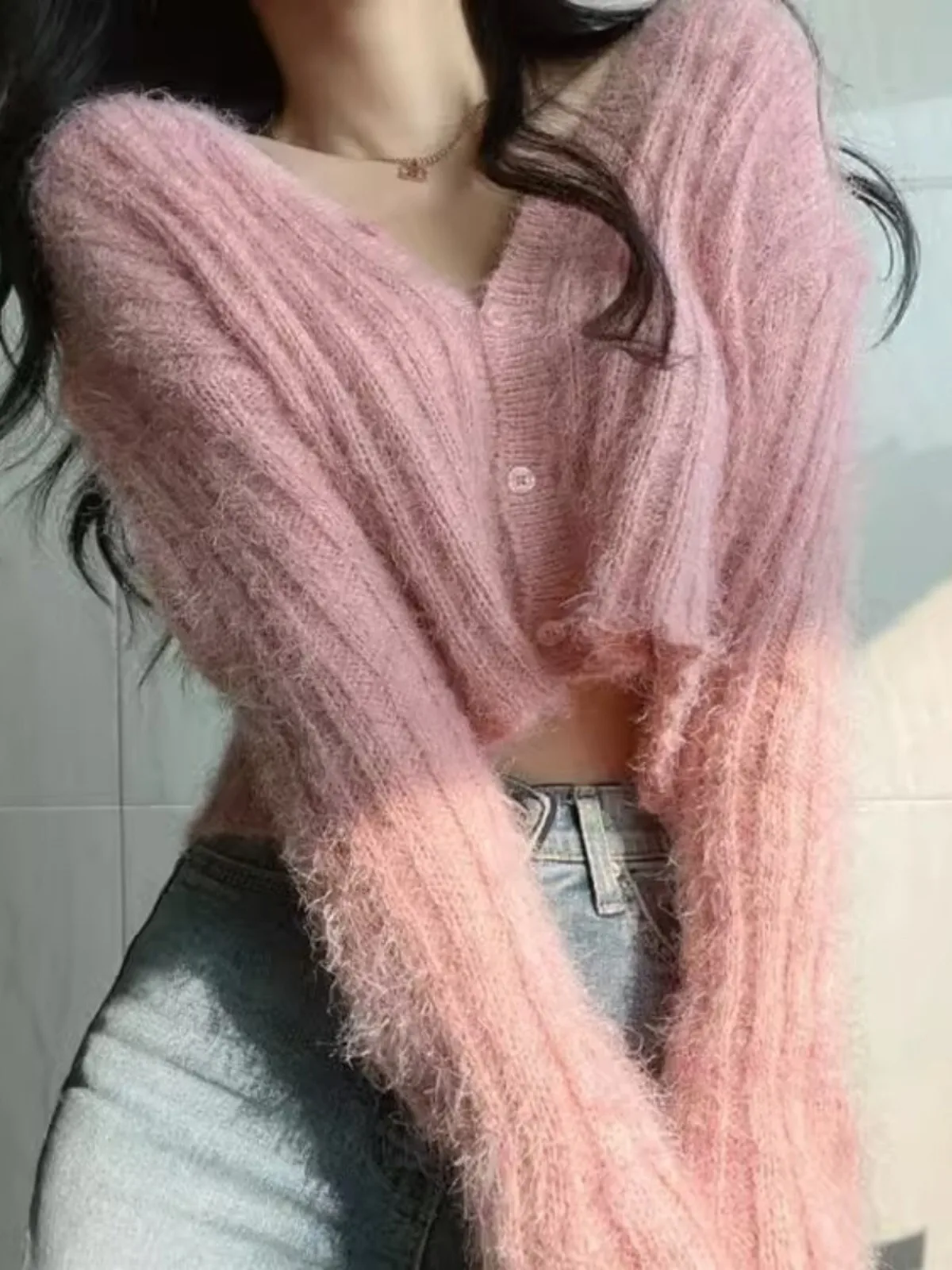 Mink Fur Soft Pure Desire V-Neck Sweater Women's Autumn And Winter New Item Korean Style Mohair Cardigan Short Jacket Small