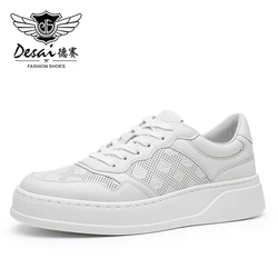 DESAI Brand Men Casual Shoes Sports Soft Outsole White Genuine Leather Shoes Men Male Laces Up Summer Breath Design