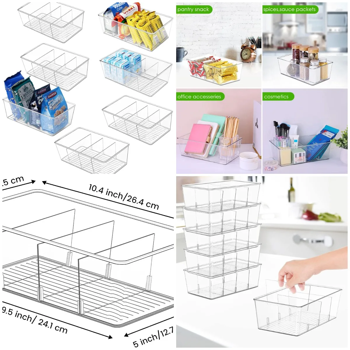 

7-Pack Clear Bins with Removable Dividers - Pantry & Cabinet Organizer for Snacks, Spices, Pouches