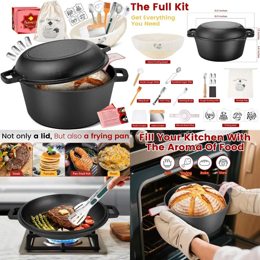 

Cast Iron Dutch Oven for Sourdough Bread Baking, Includes Skillet Lid, Proofing Basket, and Lame, Essential Baking Supplies Kit