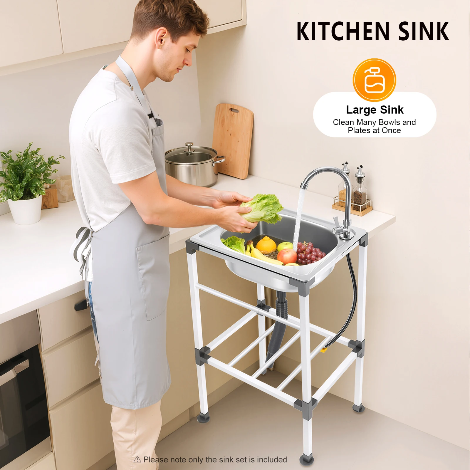 حوض مطبخ قائم بذاته من الفولاذ المقاوم للصدأ 60 سم حوض متعدد الاستخدامات مع صنبور لبار مطعم الغسيل المرآب، سعة كبيرة