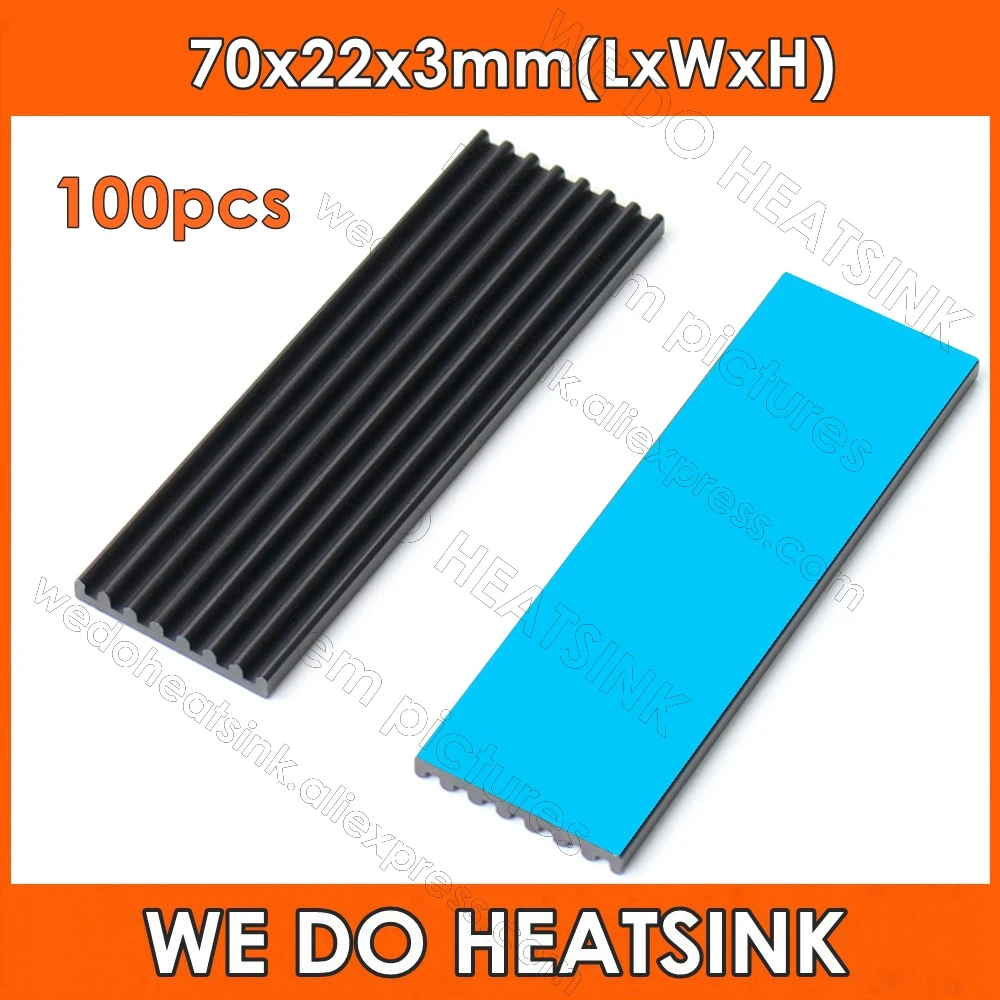 

WE DO HEATSINK 100pcs 70x22x3mm Black Extruded Aluminum Heat Sink 100x11x5mm Radiator for Electronic Chip RAM LED IC Cooler