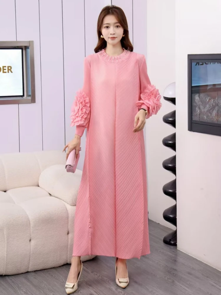 EGRM Miyake Pleated Maxi Long Dress Ruffles Petal Sleeve O-neck Formal Dresses for Women Hot Sales 2025 Spring New 2AN5809