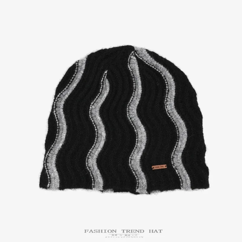 Japanische Strickmütze mit plissiertem Wellenmuster für Herren und Damen, Herbst- und Wintermode, Farbblockierung, warme Mütze – Detail 3