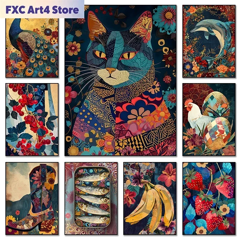Pintura Abstracta sin Marco en Lienzo con Técnica Mixta de Animales, Arte de Pared Vintage Colorido, Póster Impreso en Lienzo, Cuadros de Pared para Sala de Estar