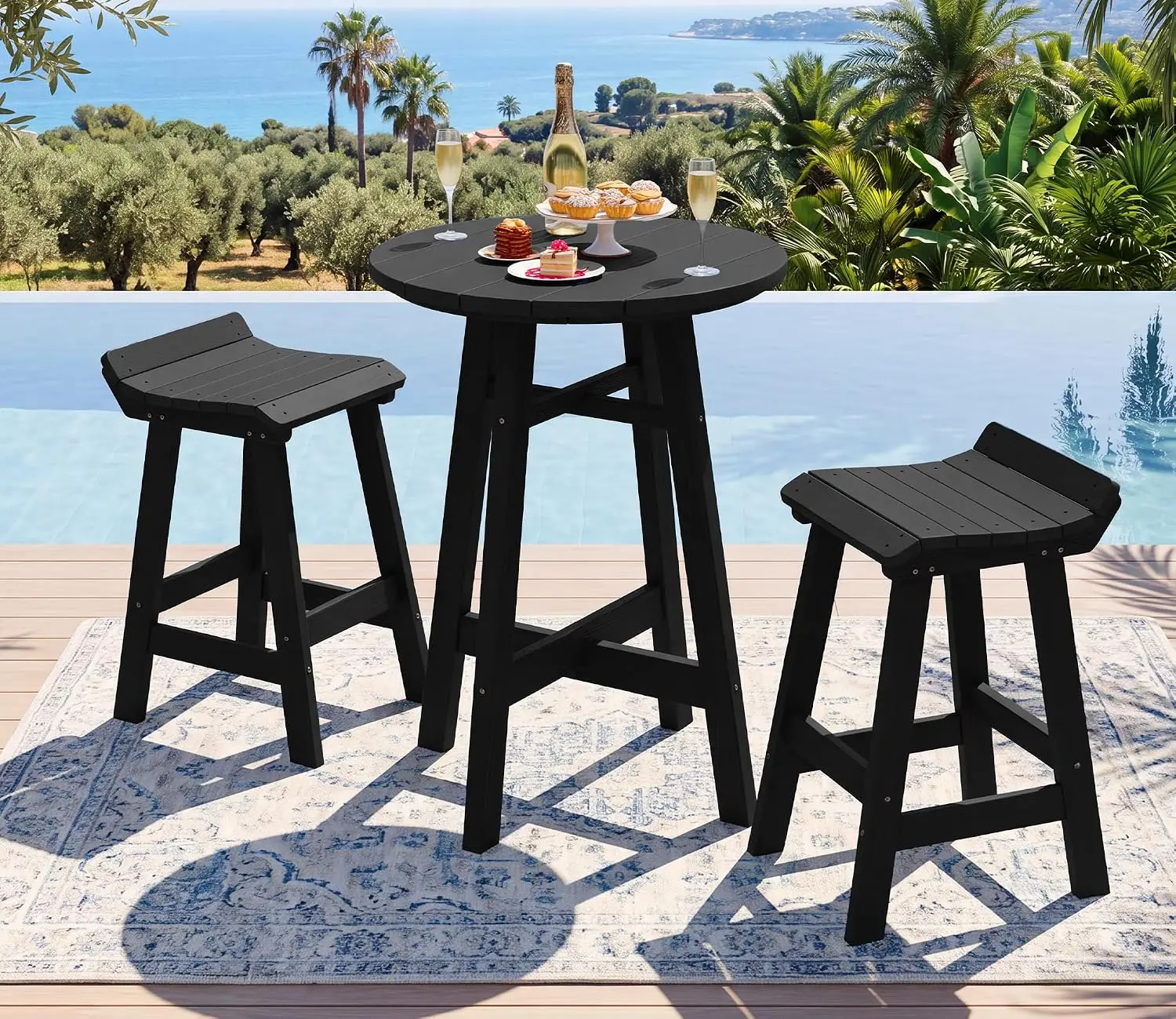 3-Piece Patio Bar Table Set (with 2 Bar Stools), Black, Customized