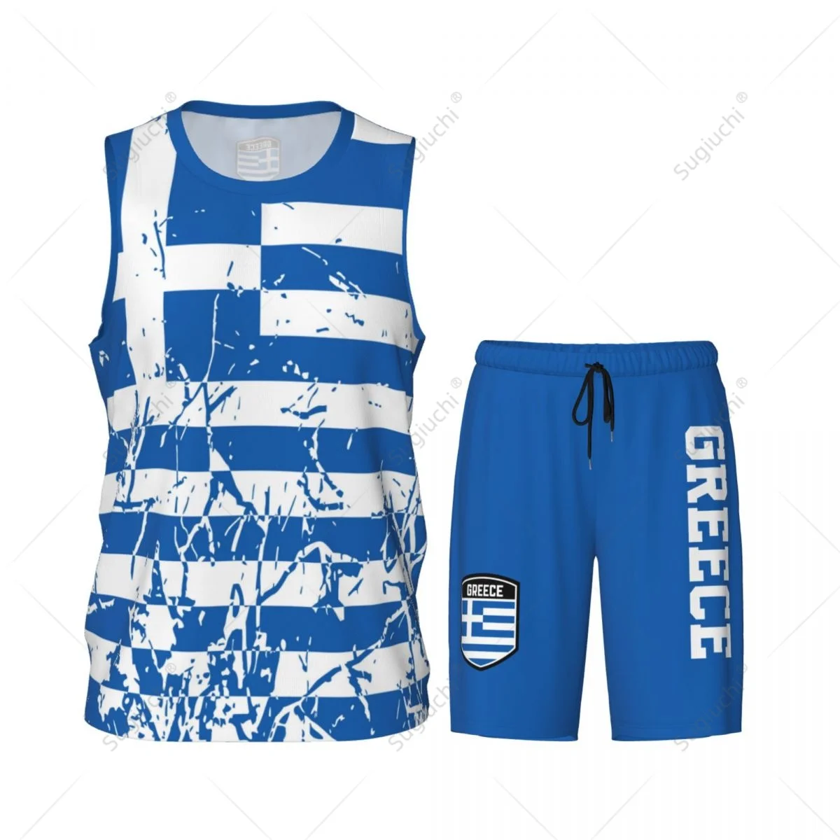 Team-up Greece Flag Grain Men Basketball Jersey Set Shirt & Pants Sleeveless Custom Name Nunber Exclusive