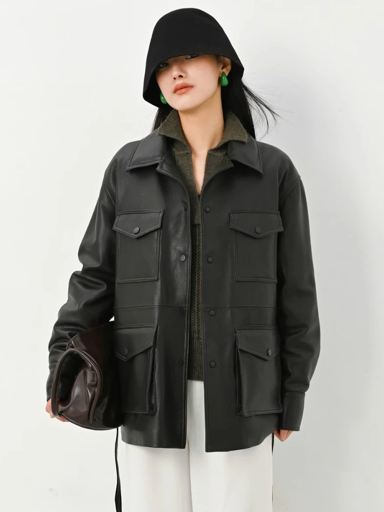 여성용 정품 가죽 다운 재킷 가을 겨울 고급 심플 소프트 블랙 리얼 양털 화이트 구스 다운 코트 (벨트 포함)