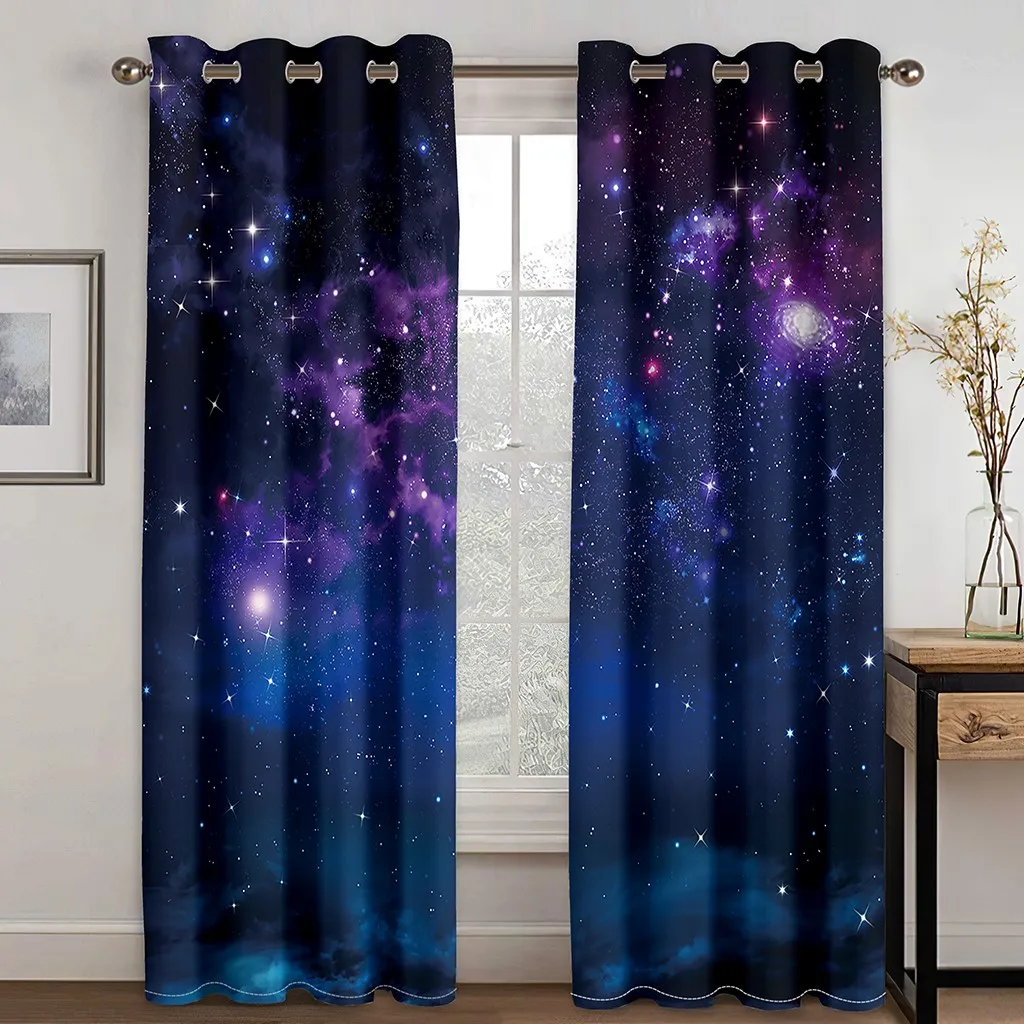 3D Cheap Blue Stars Galaxy Space Psychedelic Starry Sky 2 Pieces Shading Window Curtains for Living Room Bedroom Home Decor Hook