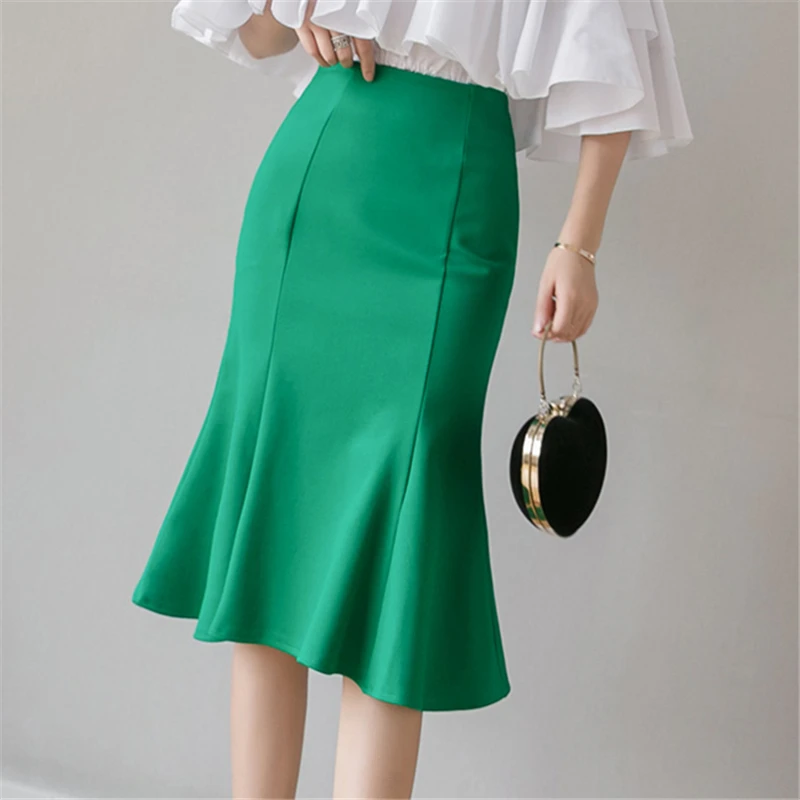 Seoulish 2024 New Elegant Women's Wrap Mermaid Skirts Green High Waist Sheath Pencil Office Fishtail Skirts Female