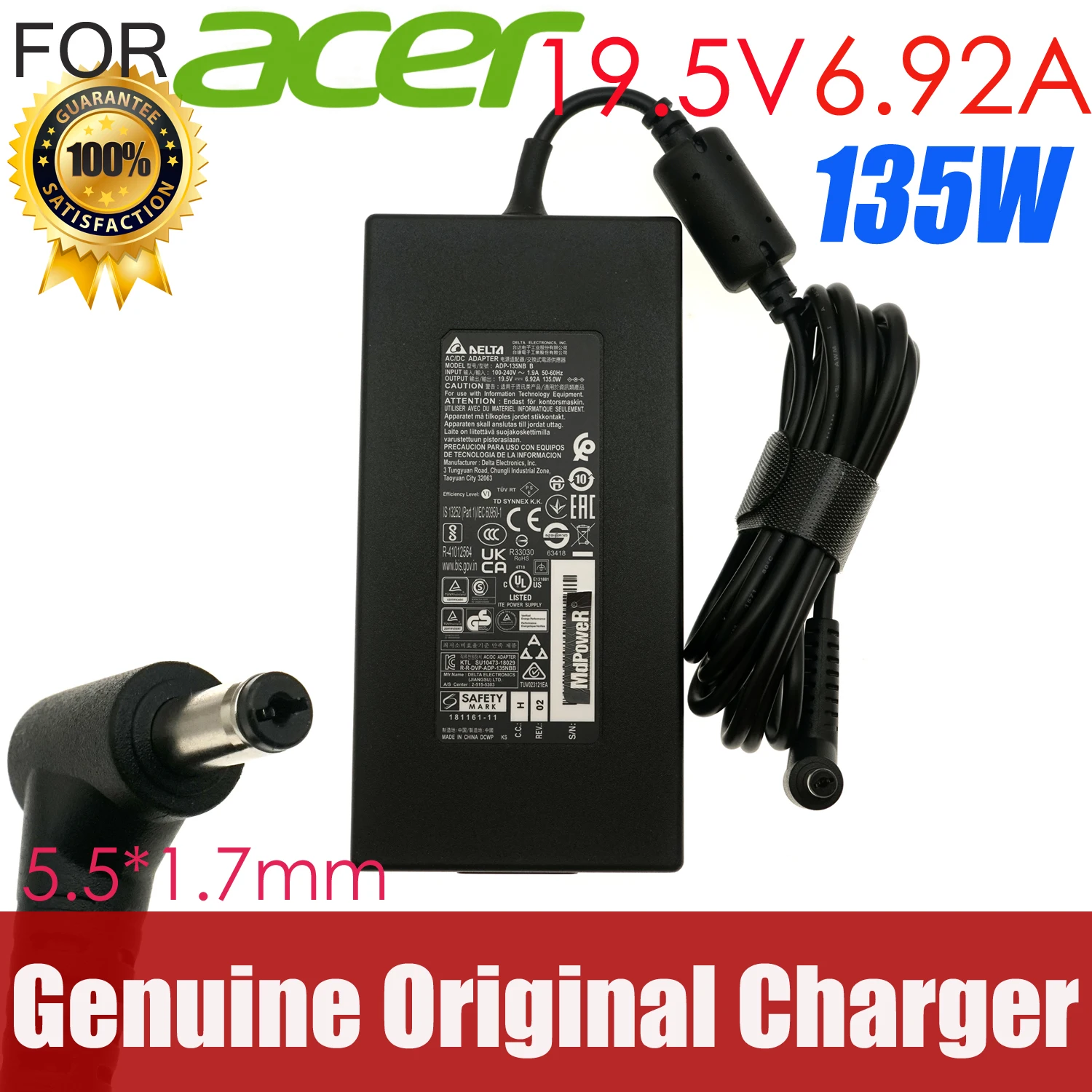 

19.5V 6.92A ADP-135NB B Delta 135W AC Adapter Charger PA-1131-26 For Acer Nitro 7 5 N20C2 N20CZ AN515-55 AN515-54 A715-75G