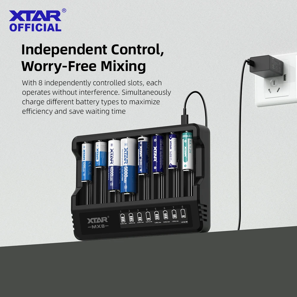 Inteligentna ładowarka do akumulatorów XTAR MX8: 8-gniazdowa ładowarka LCD do akumulatorów Li-ion/Ni-MH z aktywacją 0V i pełną ochroną — zdjęcie produktu 4