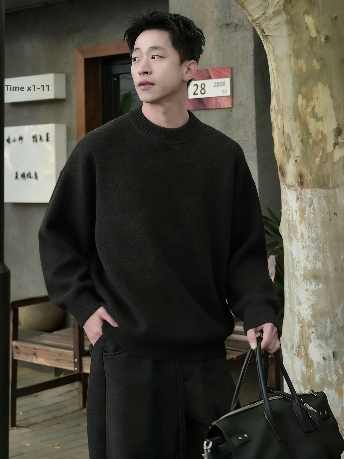 

Мужской американский трикотажный свитер с круглым вырезом на флисовой подкладке, теплый зимний базовый слой, повседневная верхняя одежда для пар, черный