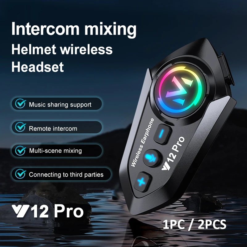 Dual Mic Stereo Motorcycle Helmet Bluetooth Intercom Y12 Pro 1000mAh Hands-Free Call FM Radio Universal Waterproof Moto Earphone