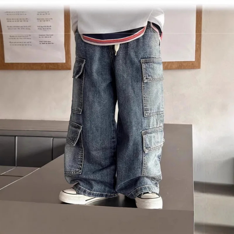 

Spring Vintage Boys Baggy Jeans Children Multi-pockets Straight Cargo Denim Pants New Hip Hop Fashion Wide Leg Jeans 2-8Yrs
