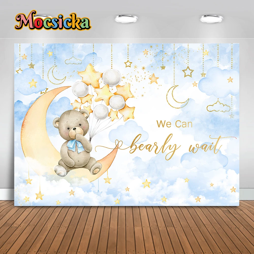 Twinkle Twinkle bintang kecil fotografi bayi Shower latar belakang mainan bulan beruang bintang merah muda awan latar belakang pesta ulang tahun properti foto