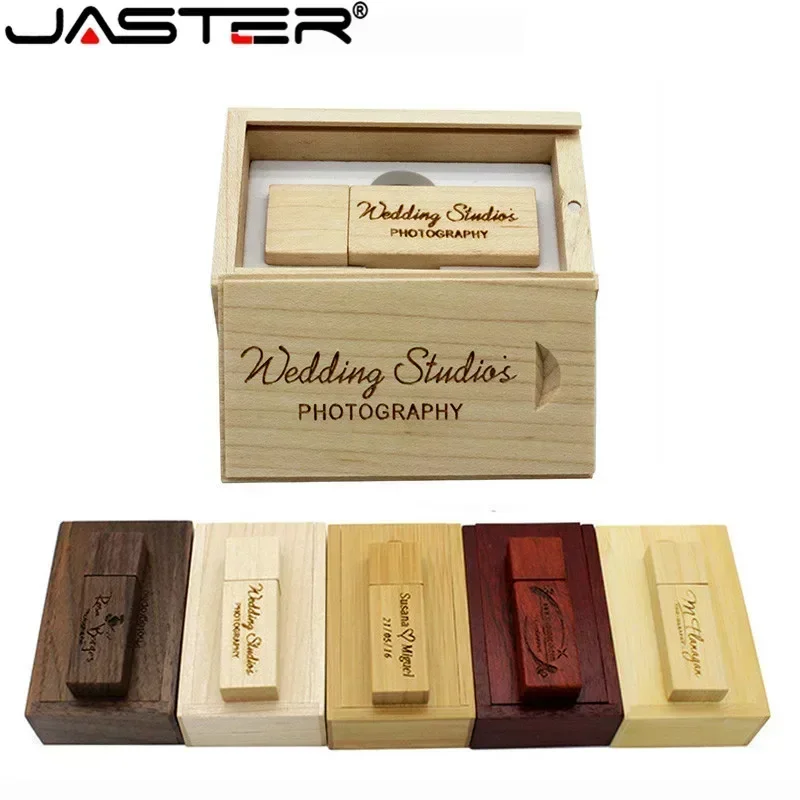 JASTER USB 2.0 Drewniane pudełko Pendrive 16GB Pendrive 128GB 64GB 32GB 8GB 4GB Fast Speed Memoria Micro Stick 1PCS Darmowe logo