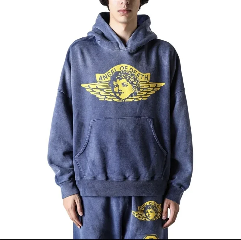 24ss Angel Print SAINT MICHAEL Hoodie Men Women 1:1 Pure Cotton Oversized Casual Washed Blue Hooded Pullovers