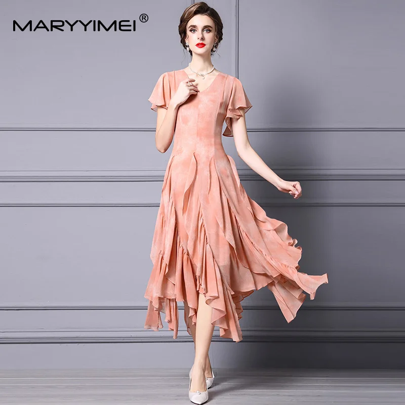 

MARYYIMEI Women's Elegant Party Solid Dress V-Neck Short Sleeved Flounced Edge Splicing Slim-Fit Fashion M-3XL Dresses