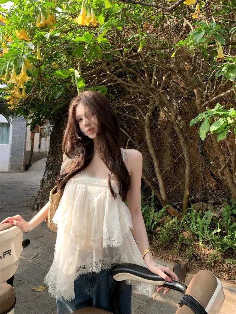 Romantic Atmosphere Spring New Style Women's Lace Backless Strap Dress Top Version Small Size Commute Style Loose Fit Casual