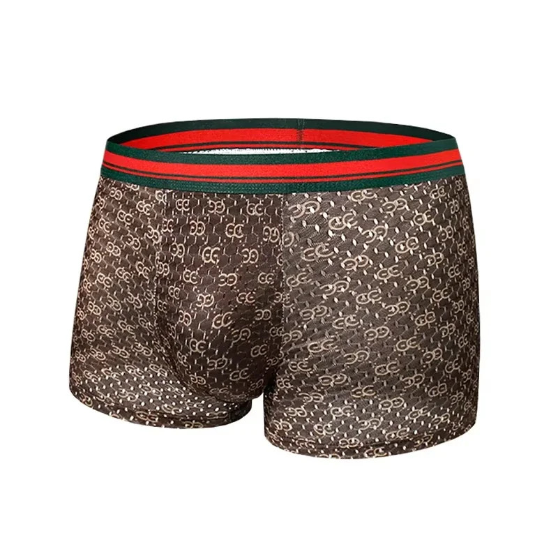 4Pcs/Set Men's Underwear Ice Silk Ultra-thin Printed Seamless Crotch Fashion Men Underpant Summer Breathable Sexy Boxer shorts