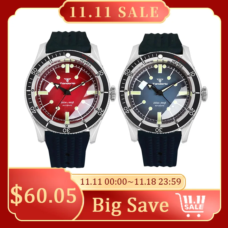 Tandorio Red Blue 40mm NH35 PT5000 Mechanical Automatic Diving Men Watch 20ATM Water Resistant Domed Sapphire Screw Crown Reloj