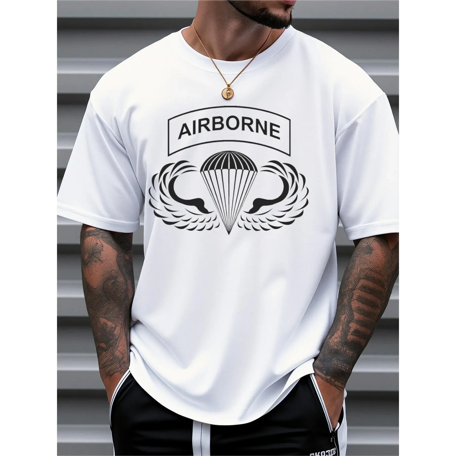 Mens Clothes, T Shirts for Men, Casual Style Design with Print, 100% Pure Cotton Fabric, Shirts for Men, Airborne Parachute Pattern Printed Short Sleeve T-Shirt, Military Style, Crew Neck, Loose Fit, Suitable for Daily and Outdoor Wear in Summer