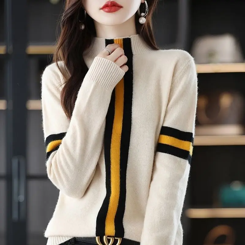 Women\'s Sweater Black Striped Gigh Neck Jerseys Beig Turtleneck Pullover Knit Tops for Woman Y2k Vintage Crochet Winter 2024 90s