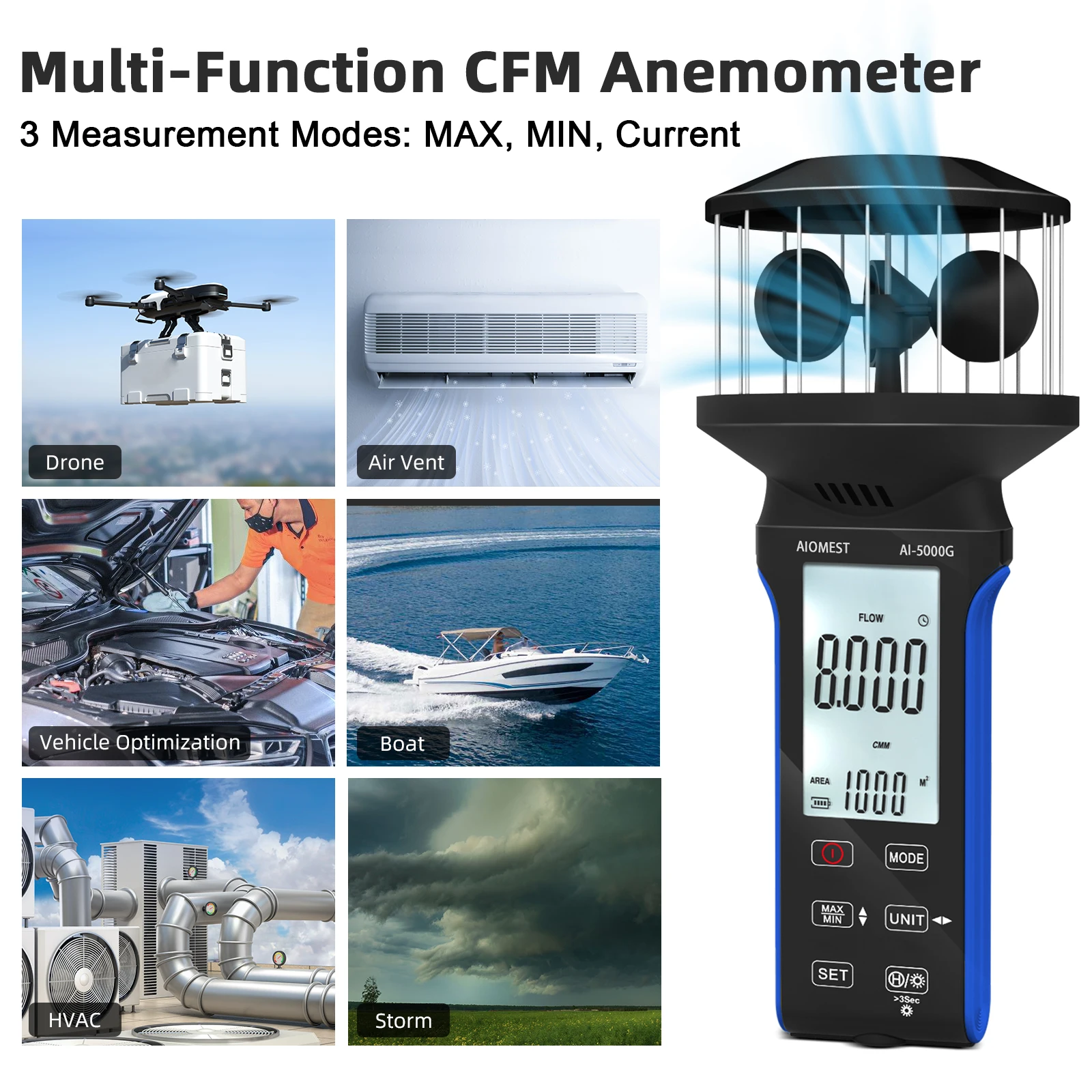 

HP-5000G Handheld CFM Anemometer Portable Airflow Measurement Device with Data Hold Function for Home Improvement