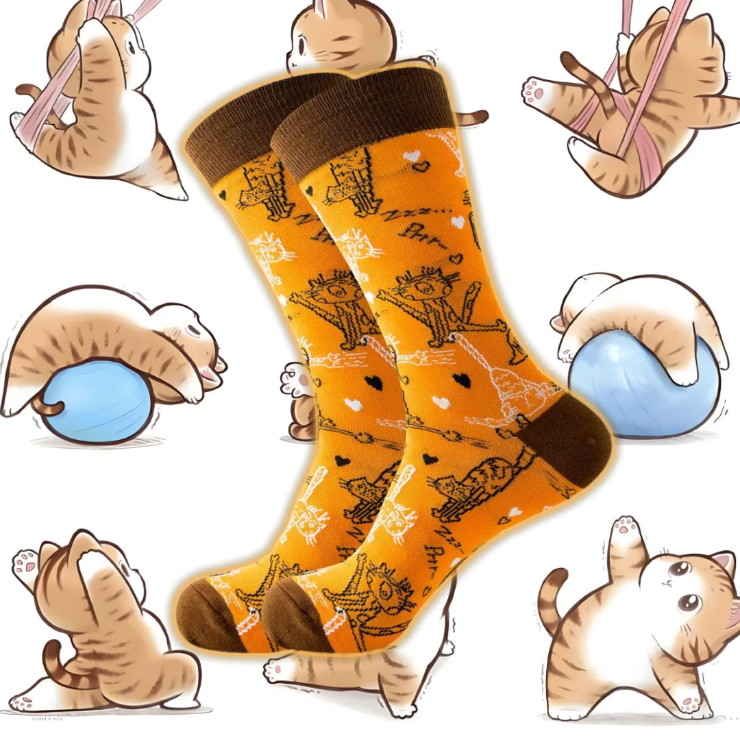 ถุงเท้าฟิตเนสลายแมวน่ารักและแปลกใหม่ 1 คู่ ถุงเท้าผู้ชายแฟชั่นทันสมัยระดับกลางน่อง