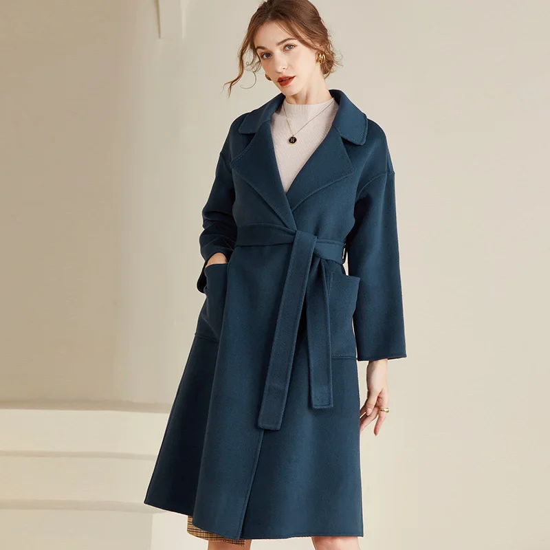 Autumn and Winter Double-Faced 100% Woolen Goods Women's Overcoat Waist-Tied Korean Style Fashionable Long Comfortable Warm Coat