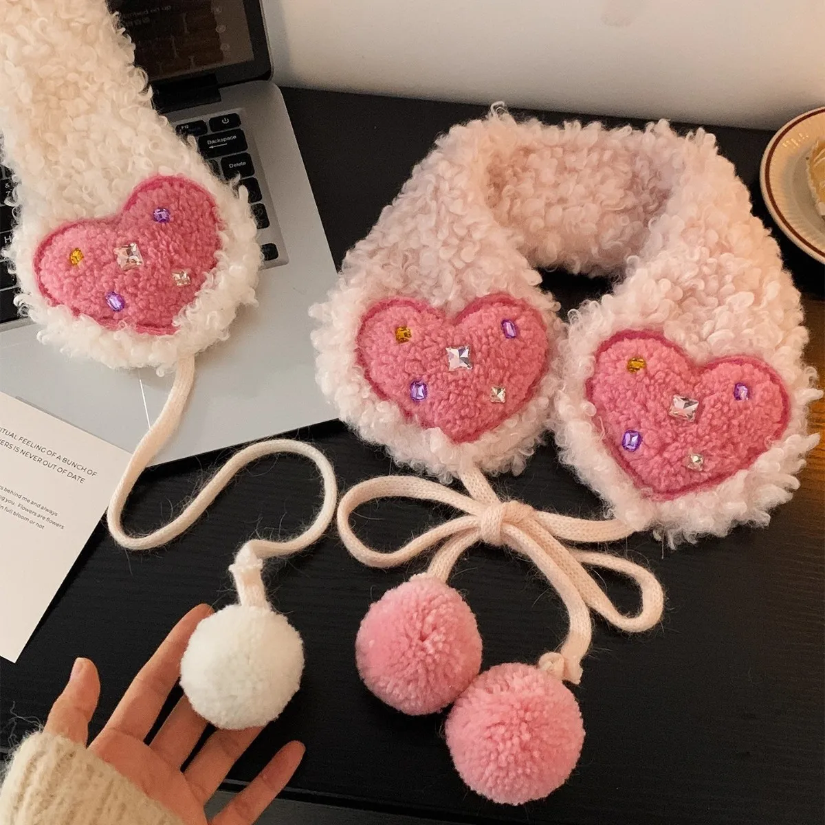 Sweet Cute Pink Love Plush Lace-up Earmuffs for Women Thickened Warm Winter Windproof Cold-proof Ear Warmth