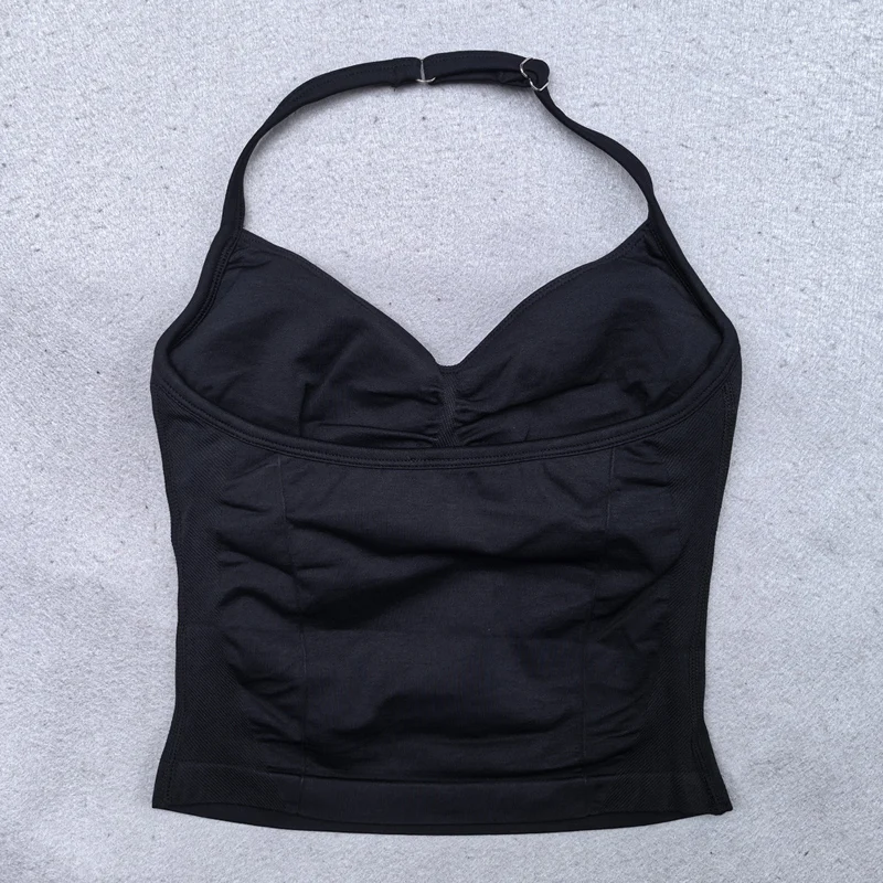2 Pieces Seamless Yoga Set Workout Clothes Shorts Sets Adjustable Longline Strappy Top Scrunch Shorts Yoga Clothing Gym Set image 5