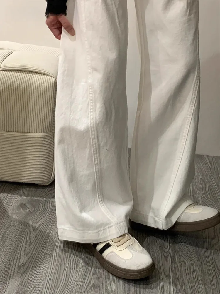 Calças Jeans Casuais de Perna Larga Brancas Fenas Plus Size Cintura Alta Americana Modelagem Retas Moda de Outono Ajuste ...