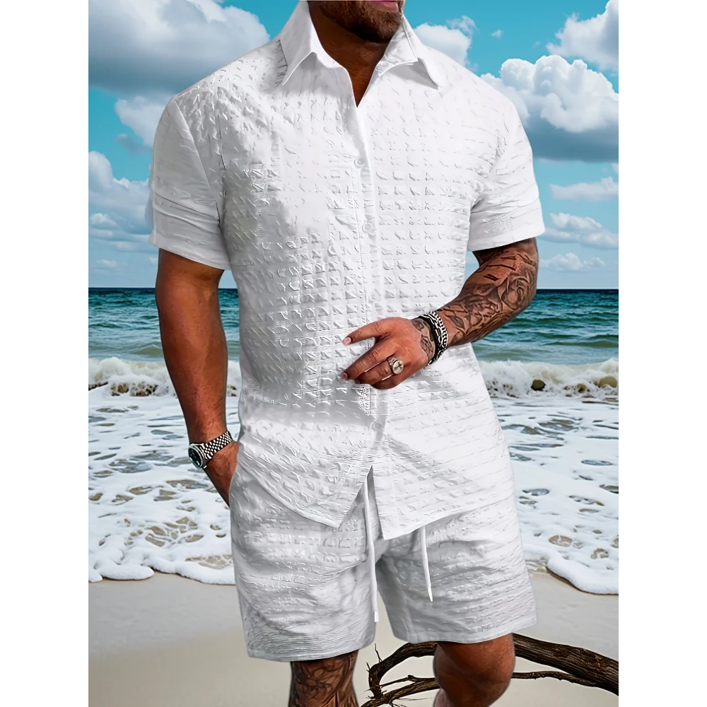 

Men's Casual 2-Piece Outfit, Solid Color Summer Shirt & Shorts Set, Stylish Button Up Shirt, Breathable Comfy Drawstring Pants
