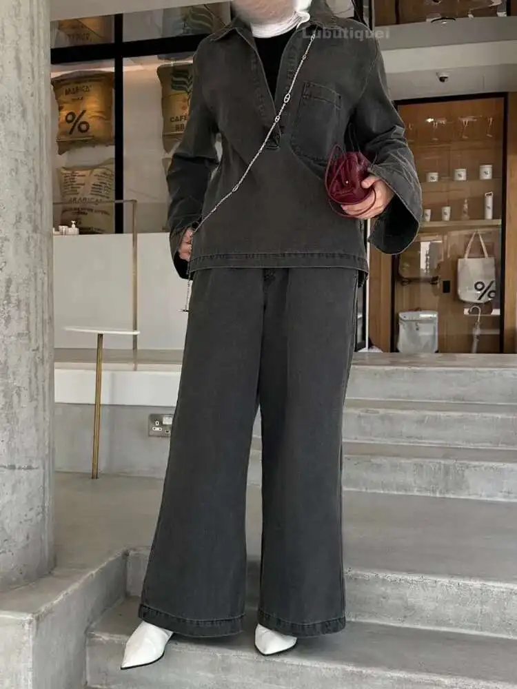 

Свободный джинсовый топ с капюшоном VTKW, новинка весны 2024, женский пиджак, однотонные универсальные брюки, комплект из двух предметов