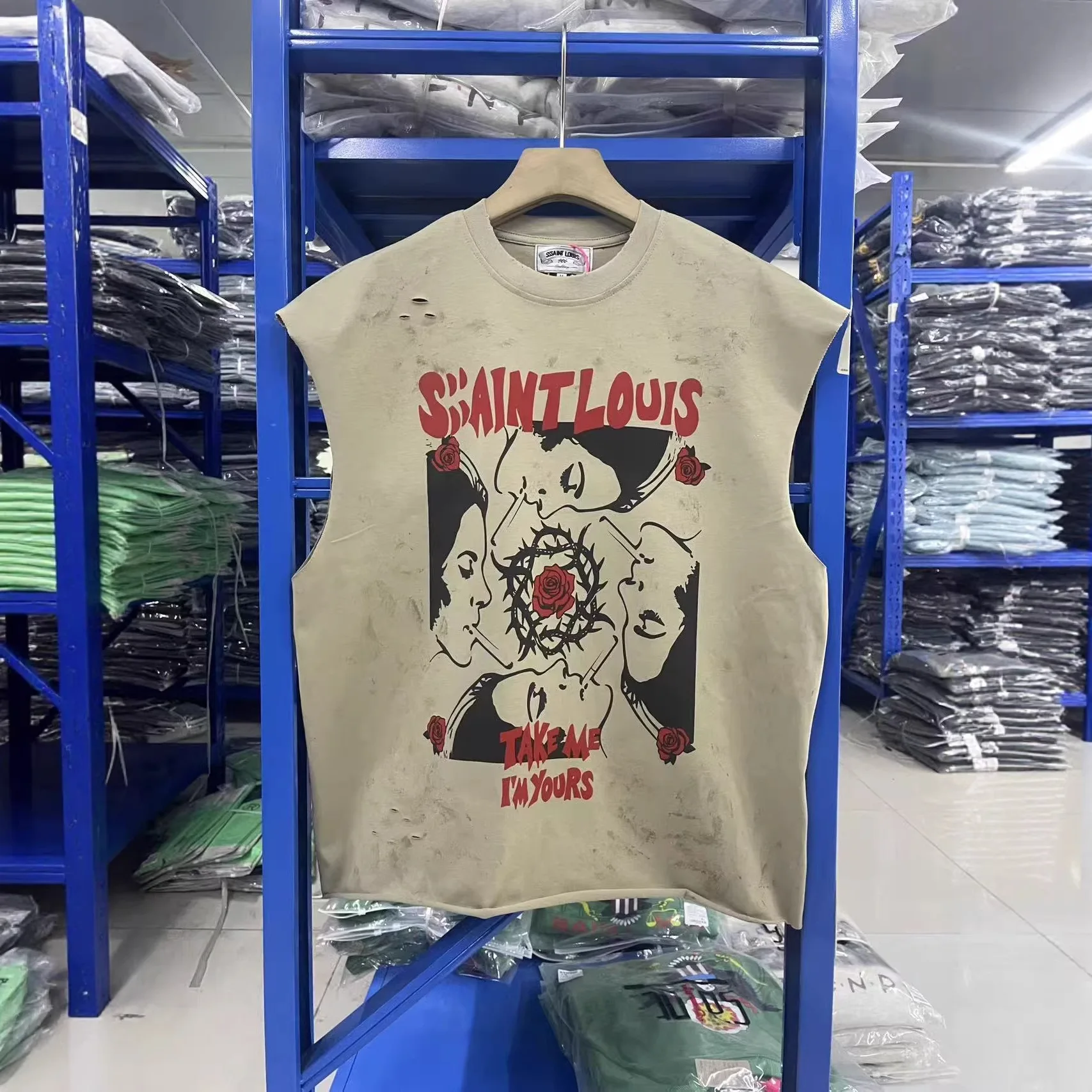 

SSSAINT LOUIS 26SS Футболка без рукавов с принтом Cement Ivy Thorns Rose, винтажная, с эффектом потертости, американский стритвир-бренд