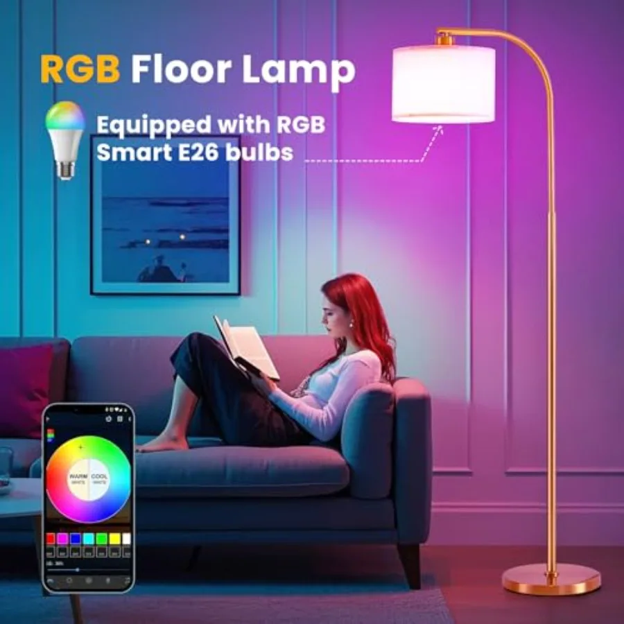 Floor Lamp for Living Room with RemoteDimmable Tall Standing Lamps Modern Floor Light with Smart RGB Bulb App Control 3 Color T