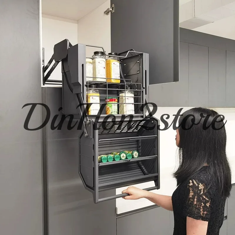 Double storage refrigerator top cabinet lifting pull basket large-capacity lifting cabinet kitchen cabinet linkage elevator