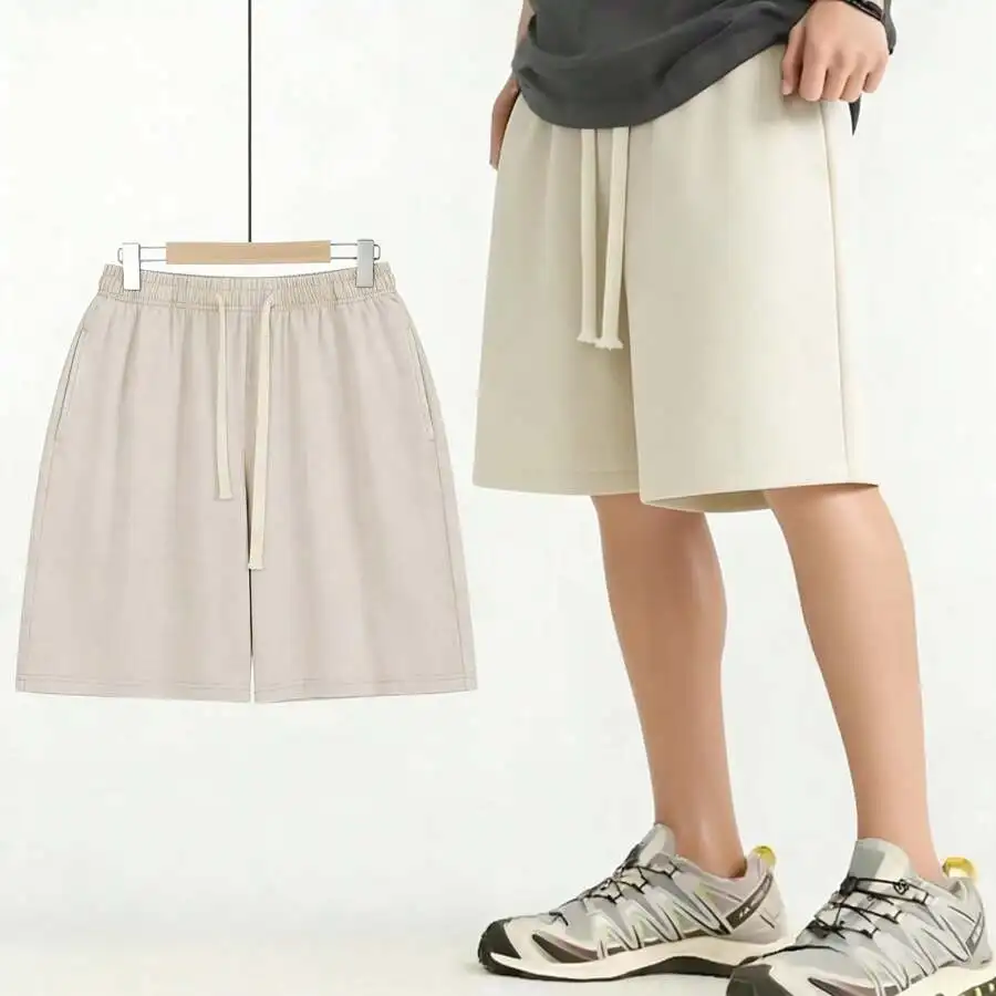 

Mens Beige Casual Shorts With Elastic Waist And Drawstring Loose Fit Summer Streetwear