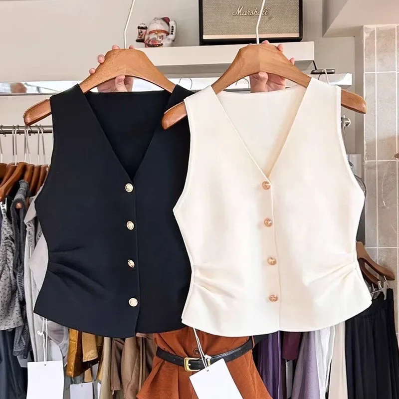 

Сплошной цвет, вязаный женский кардиган, корейский однобортный джемпер без рукавов, женский универсальный кардиган с v-образным вырезом, верхняя одежда