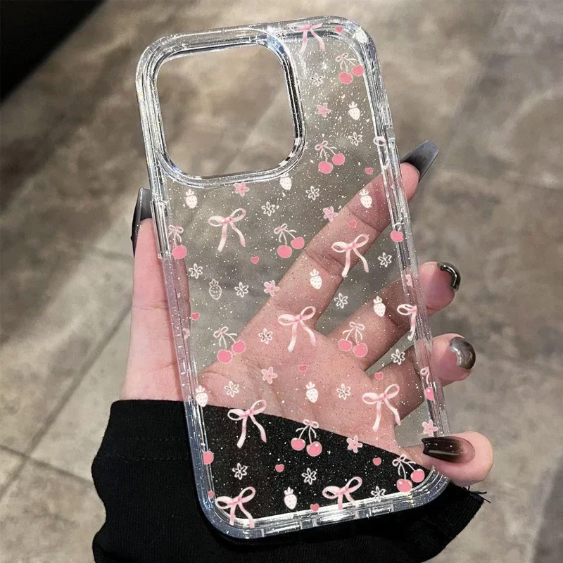 Capa de Celular Rosa Cereja com Laço Pequeno e Glitter Fofo para iPhone 17 16 15 14 13 12 11 Pro MAX 17air MINI XR XSMAX 78 Plus Y2K Capa Macia