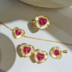 Foydjew Italian Retro Gold-plated Love Heart Jewelry Sets Simulation Ruby Pendant Necklaces Bracelets Earrings Rings For Women