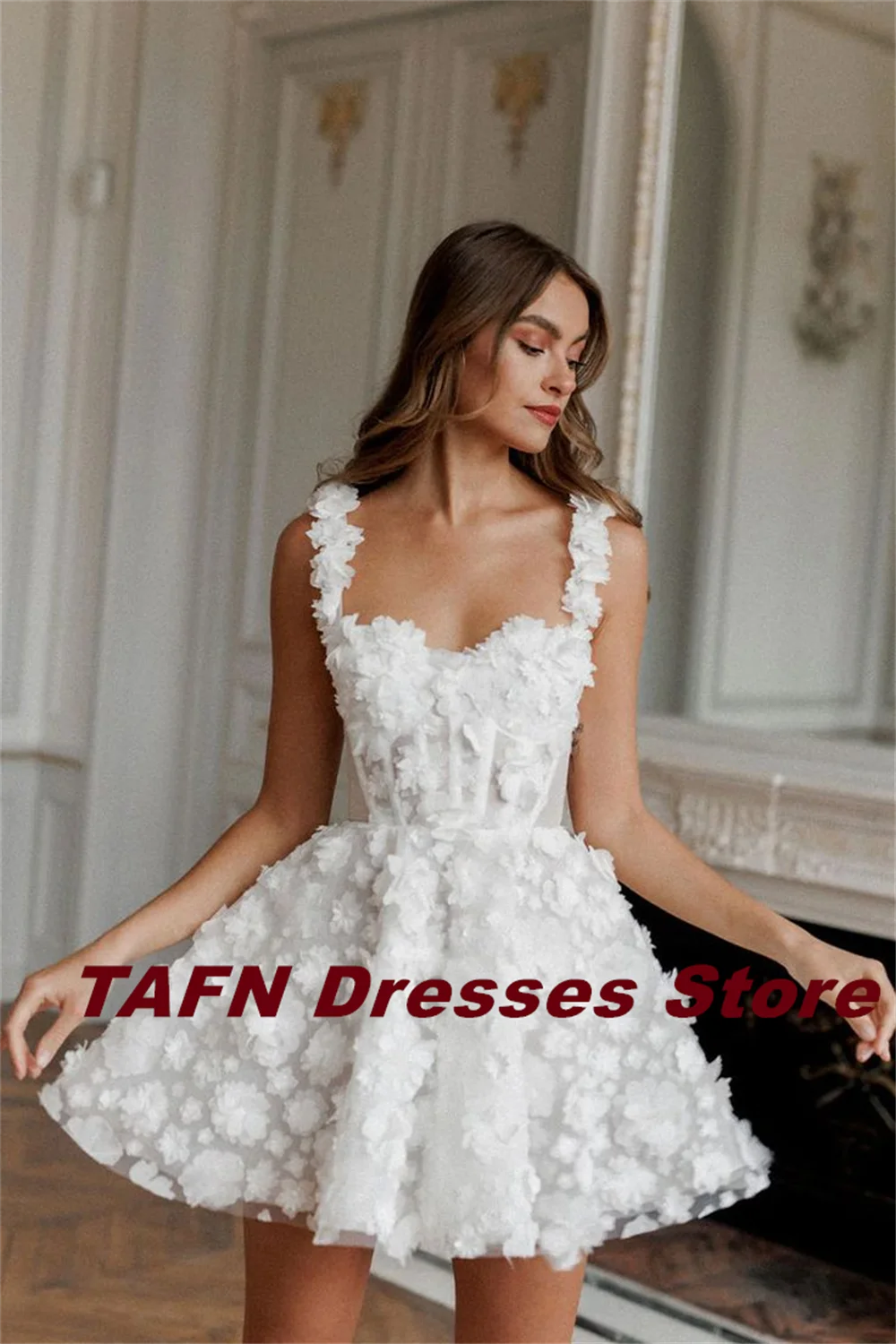 TAFN Spaghetti Straps Short Wedding Dresses Corset Sleeveless A-line Luxury Lace 3D Flowers Bridal Gown Customized