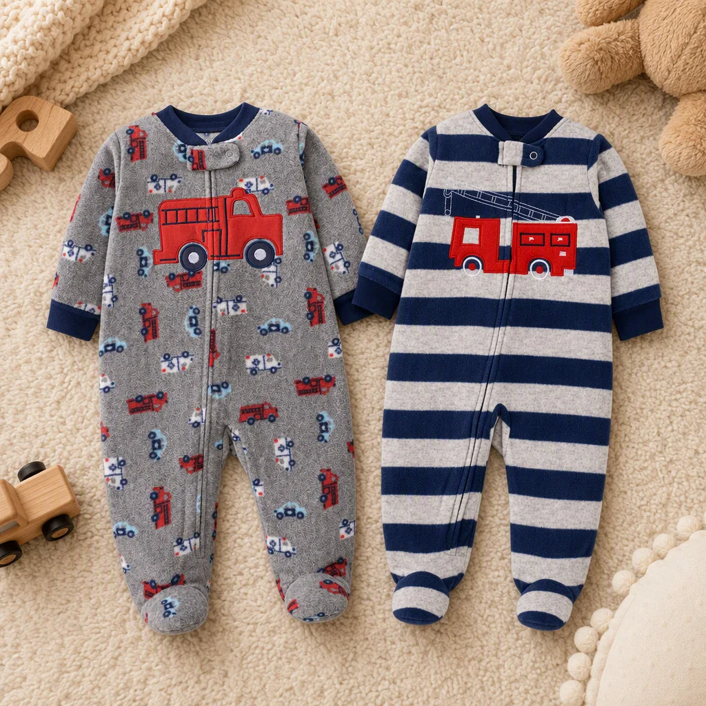 Striped&Vehicles Print Polar Fleece Baby Footed Romper Fire Truck Embroidery Zipper Onesie Warm for Newborn Boys Autumn Winter
