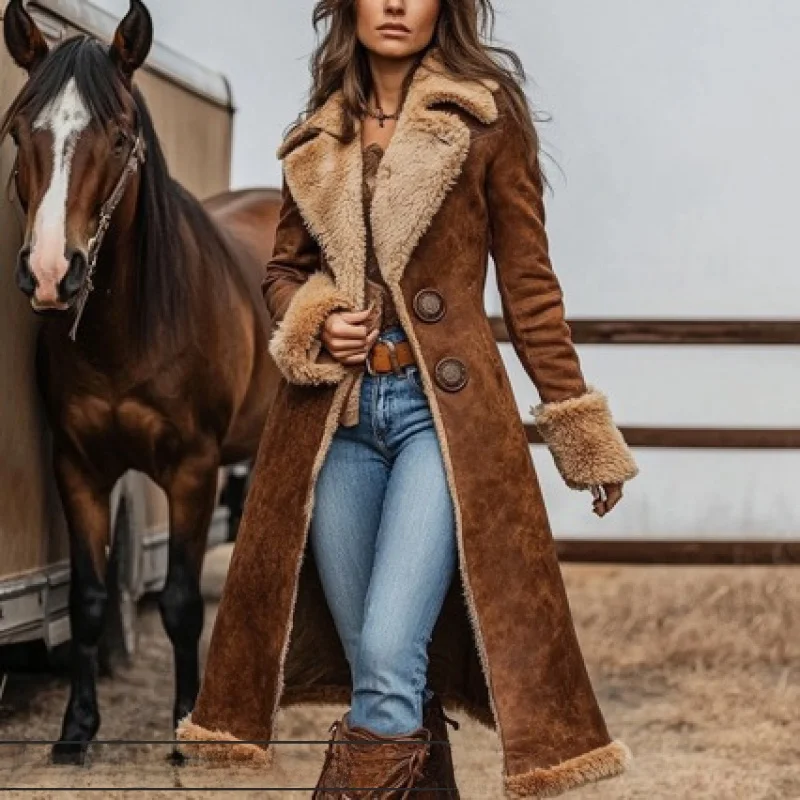 

Retro Western Style Women's Denim Jacket Patchwork V-neck Lamb Fur Coat Long Sleeve Medium Thickness for Middle-aged Women